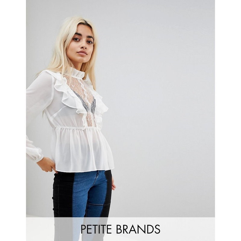 グラマラス レディース トップス【Glamorous Petite High Neck Smock Top With Lace Insert And Balloon Sleeves】White グラマラス レディース トップス【Glamorous Petite High Neck Smock Top With Lace Insert And Balloon Sleeves】White