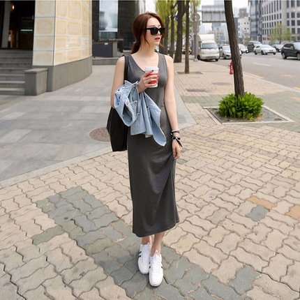 ワンピース ロング丈 9分丈 アンクル丈 ノースリーブ ラウンドネック スリム Iライン 伸縮性 シンプル カジュアル こなれ感 ラフ メンズライク マニッシュ ボーイッシュ スポーティー