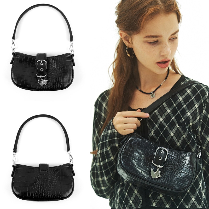 NF] LEATHER BUCKLE SHOULDER BAG (BLK)(F910)