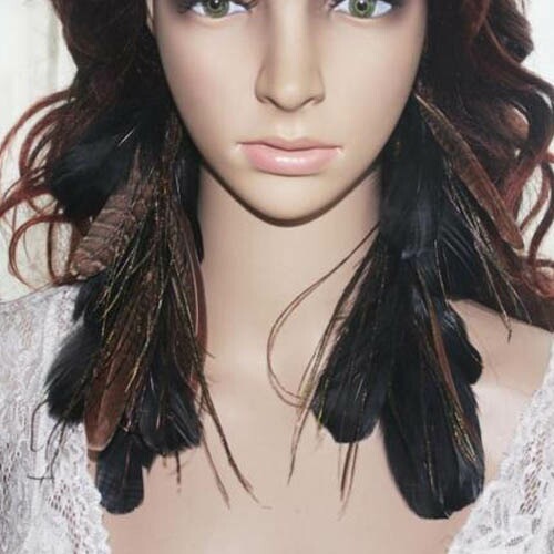 ボヘミアンフェザー（スパロー） ピアス サージカルステンレス316L アメリカンピアス フックピアス 本物の羽根 羽飾り インディアンジュエリー 大きい羽 黒色 茶色 se197xxxxxxxx