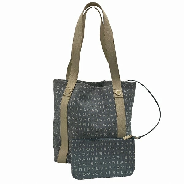 ブルガリ ロゴマニア キャンバス レザー ライトブルー トートバッグ ショルダーバッグ 【中古】