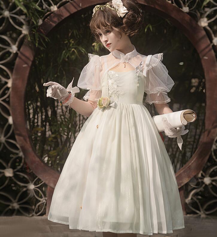 中華 ロリータ ワンピース ロリータ ドレス 可愛い お姫様 ジャンパースカート ミモレ丈 ゴスロリ ロリータ服 お花刺しゅう リボン 立体花飾り 半袖 チャイナカラー ケープ 肩掛け ボレロ 蝶 萌 5,973円