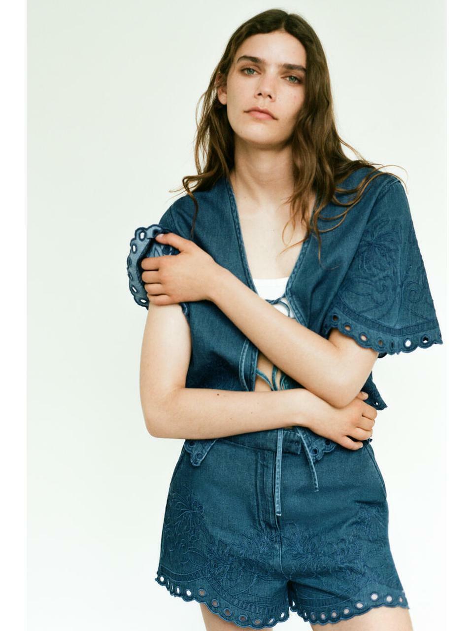 H&M エンブロイダリーデニムブルーダークデニムブルー 1345974001