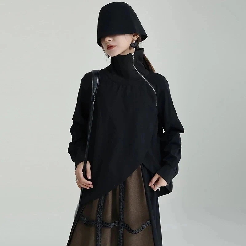 ハイネック ゆったり スウェット カシミヤタッチ レディース トップス イレギュラー ロンT 春 ファスナー