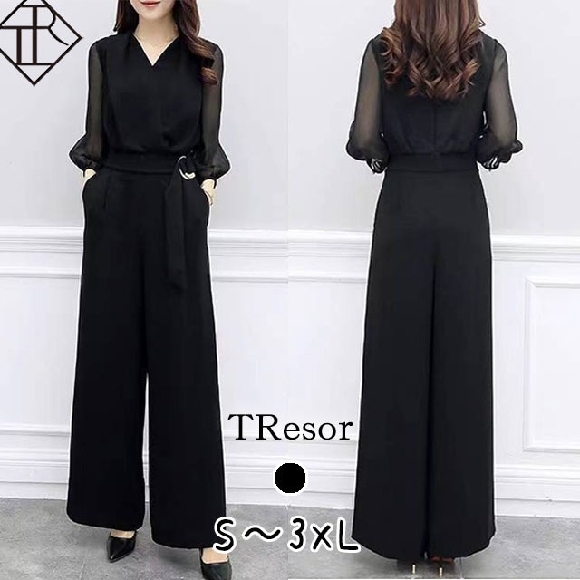 【即納】パーティー 二次会 結婚式 披露宴 シフォン切替 オールインワンドレス