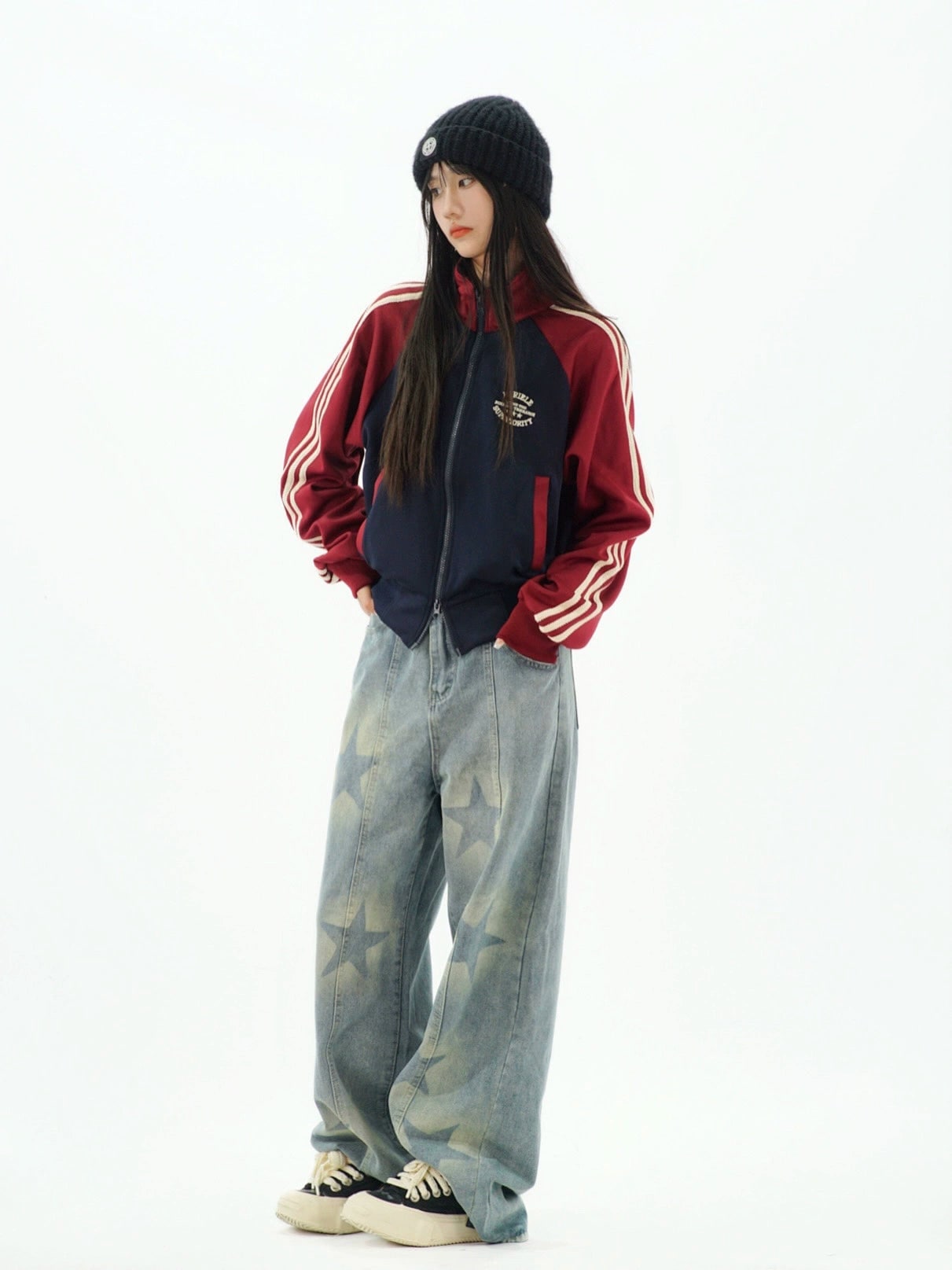 2025春夏 韓国 かわいい バイカラー レディースショートックスタンドネックアウターストリートブルゾン長袖 シルエットトップスサイド冬カジュアルファッション系サイズお出かけフルトラック