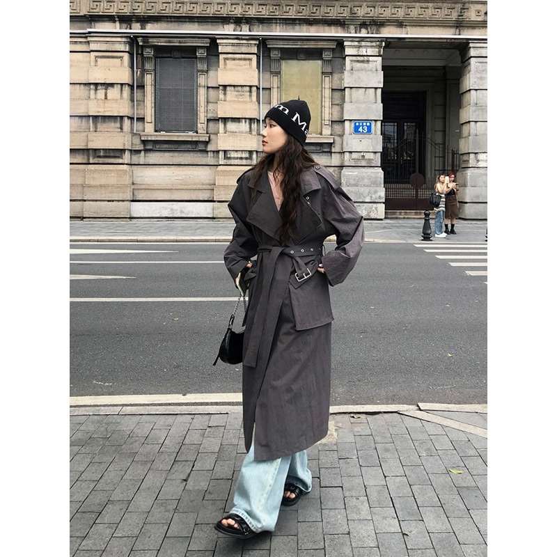 秋の韓国風綿麻ロングウインドブレーカーベルト付きスリムジャケット女性用 A3605