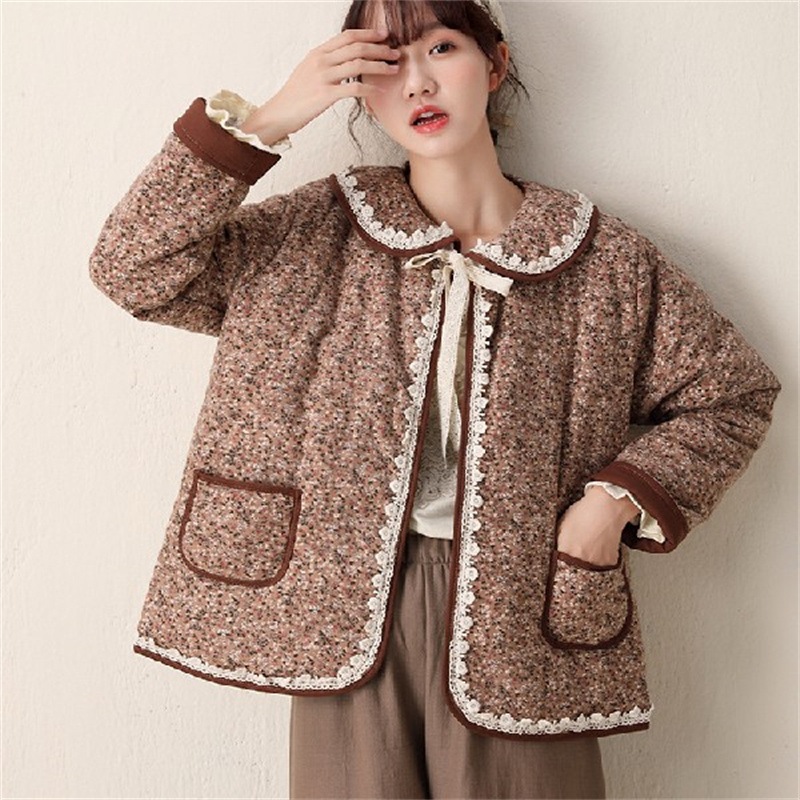 3色新品 中綿コート 森ガールレース花柄 コートジャケット レディース 文芸style ショート丈長袖 シンプル カジュアル秋冬 厚手 オーバーサイズ