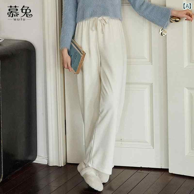 レディース カジュアル パンツ ボトムス 裏起毛 厚手 ワイド レッグ 女性 冬 小さい ハイウエスト スリム ストレート ロング