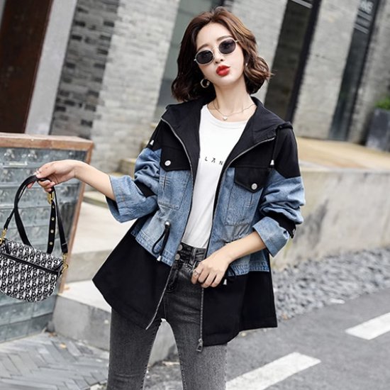 長袖ジャケット レディース アウター ジャケット 羽織 デニムジャケット 異素材 切り替えデザイン フード付き 長袖ジャケット フロントジッパー カジュアル お出かけ おしゃれ ファッション 女性