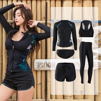 水着 セパレート 5点セット 黒 スポーツ 大きいサイズ 2XL 3XL 紫外線対策 きれいめ おしゃれ 韓国 セットアップ レディース ママ 母 体型カバー 着痩せ 日焼け止め 日焼け対策 5,350円