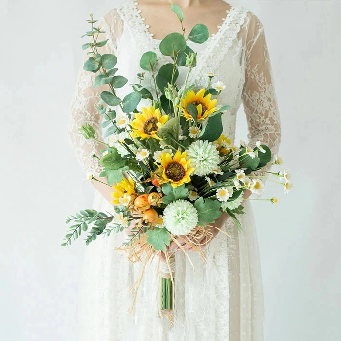 新商品登場ウエディングブーケ 結婚式 ひまわり ウェディングブーケ 花嫁 ブーケ 手作り ブライダルブーケ 造花 キャスケードブーケ 二次会