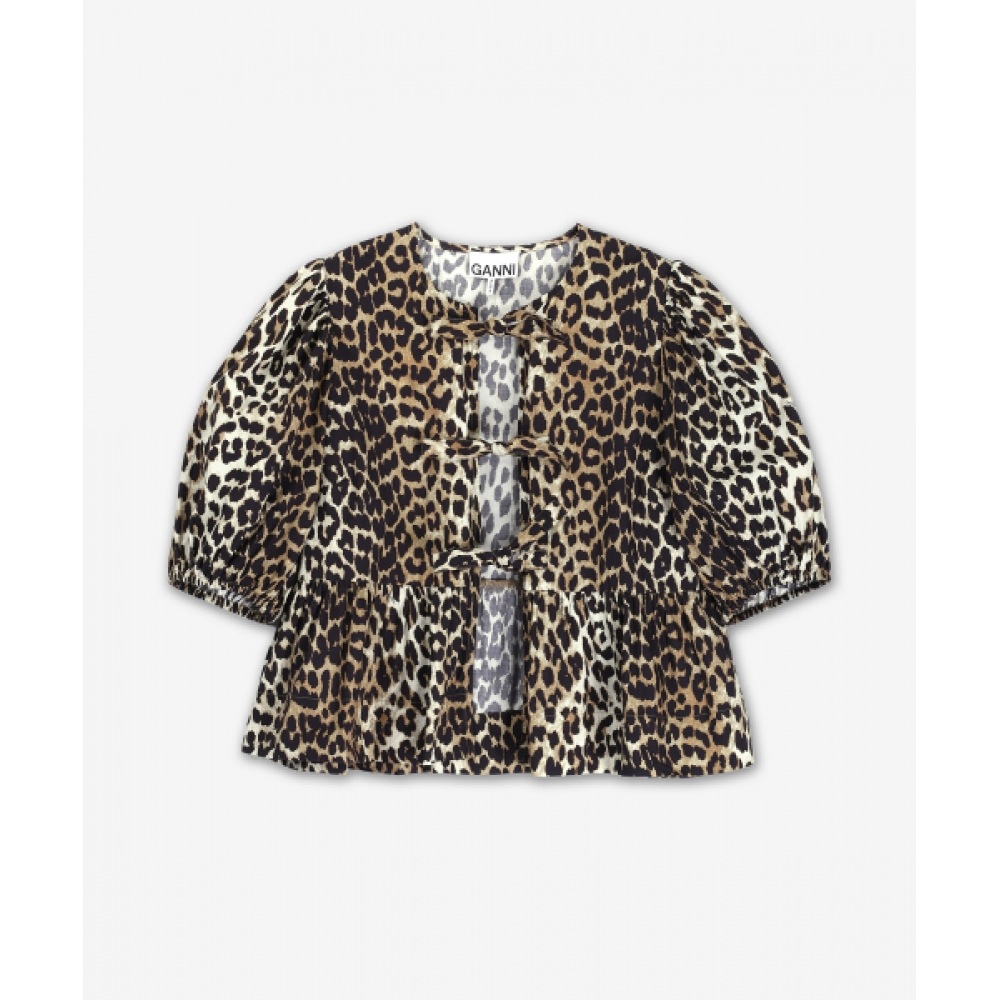 GANNI プリントコットンポプリンペプラムブラウスシャツ-レオパード/F9116943