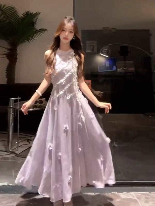 【3日出荷】韓国風 パープルホルターネックキャミソールワンピース スリム細見えロング丈