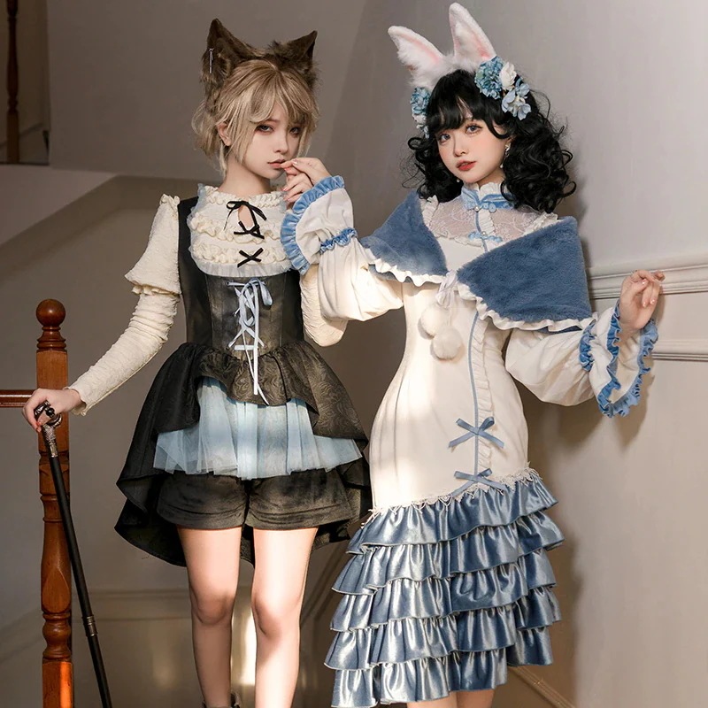 【快速出荷】ロリータ ワンピース 長袖 テールワンピース チャイナ風 中華ロリータ 復古cla系 王子 皇子系 サスペンダー キュロットパンツ カップル