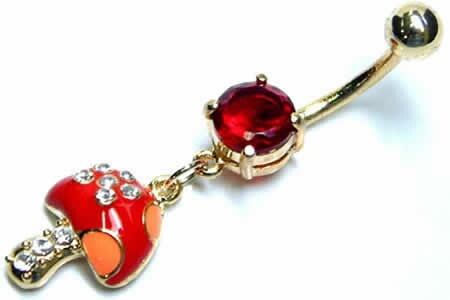 キノコラブへそピアス 14ゲージ 14G ボディピアス ネイブル 茸 マッシュルーム 揺れる チャーム 金色 ゴールド 臍 男性 女性 プレゼント ユニーク 可愛い 面白い bnhwd-00-0102