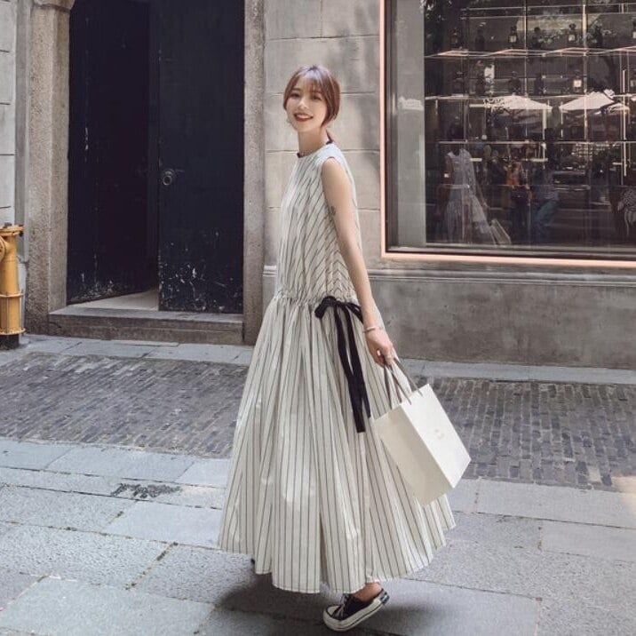 ワンピース レディース 送料無料 ノースリーブワンピース マキシワンピース ストライプ柄 フレアワンピース オーバーサイズ ナチュラル リラックス リゾート 夏 薄手 リボン おしゃれ かわいい かっ