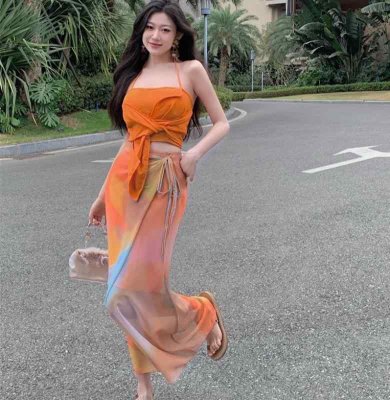 レディース ファッション 夏 ホリデー セットアップ 魅惑的 ノースリーブ チューブトップ ボヘミアン オレンジ タイダイ ロング スカート