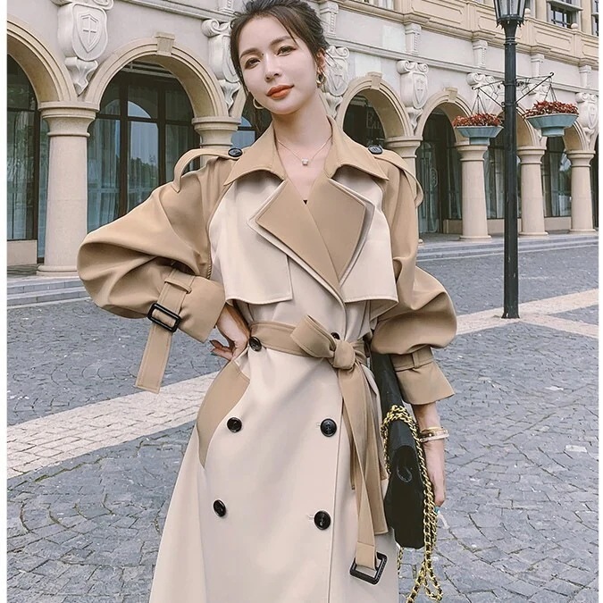 ウエストリボン カラー トレンチ コート ロング丈 ビッグカラー バイカラー アースカラー