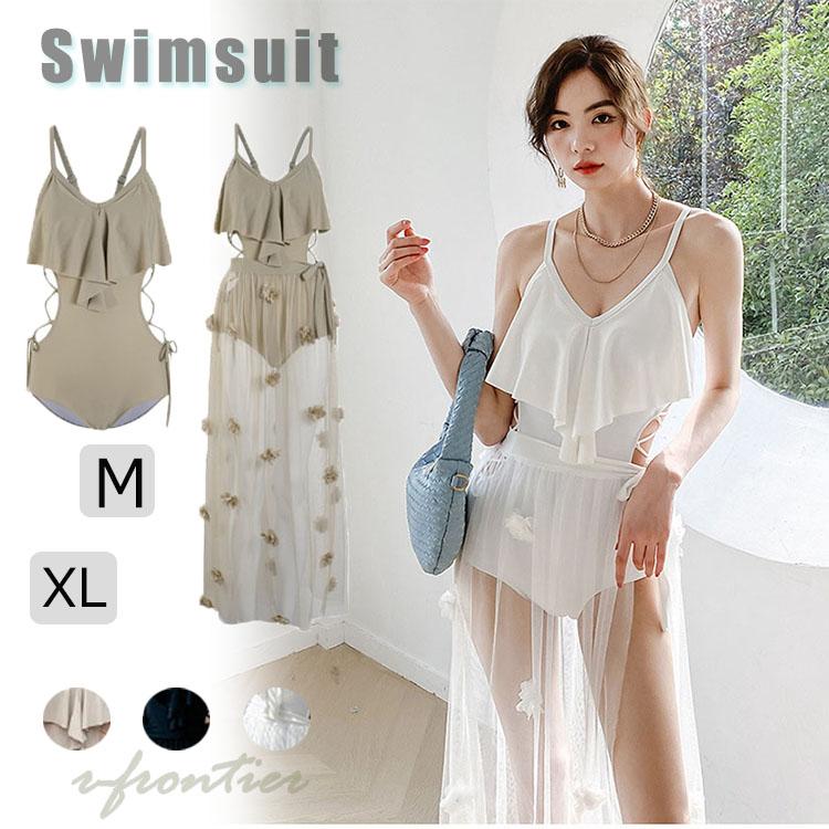 水着 韓国風 レディース 水着 ビキニ オールインワ パレオ付き 水着 腰出し 胸パッド付 レディース 体型カバー 透け感 セットアップ ビキニ 大人 露出控えめ オ