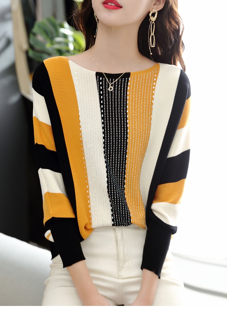 春 女性 ラウンドネック ルーズボトミング ニット ストライプ ダイヤモンド トップス セーター イエロー M L XL XXL トップス 袖あり かわいい 大人可愛い きれいめ シンプル カジュアル