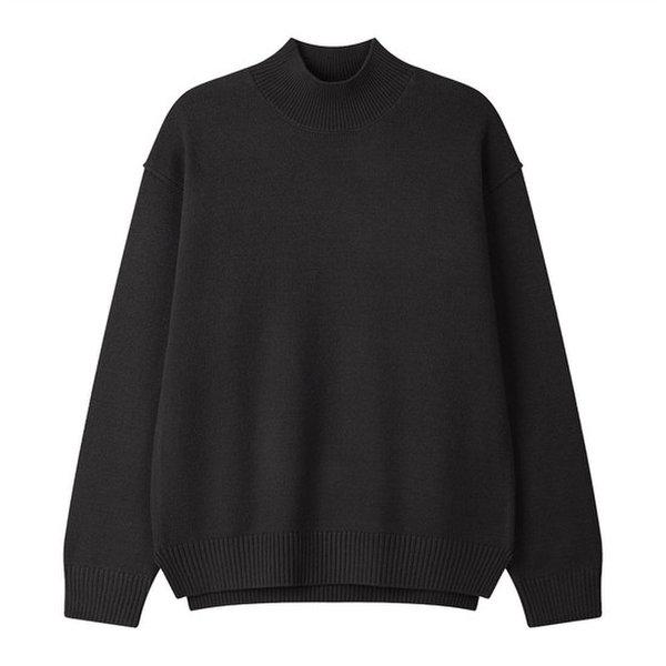 メンズルーズフィットモダルソリッドハイネック長袖ニットTシャツ AS-KN-Q021-ブラック