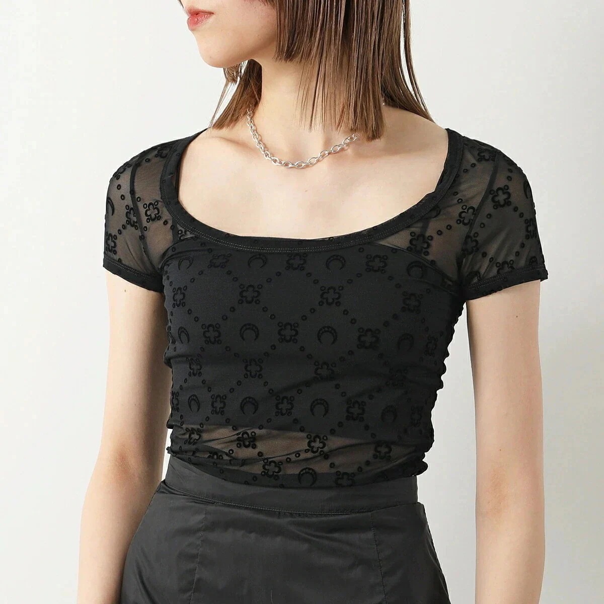 Marine Serre マリーン セル カットソー WTO389 CJER0005 レディース 半袖 ラウンドネック メッシュ ストレッチ 三日月 モチーフ