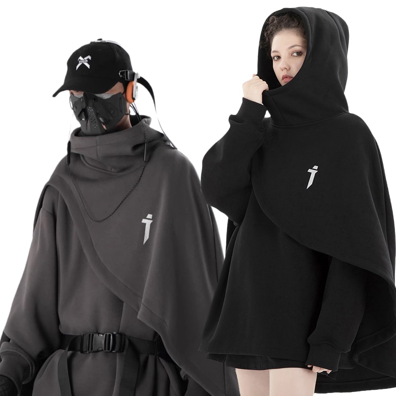 ポンチョコート アウター レディース 大きい パーカー メンズ ハイネック フード付き 無地 黒/灰 男女兼用 カップル服 ゆったり かっこいい