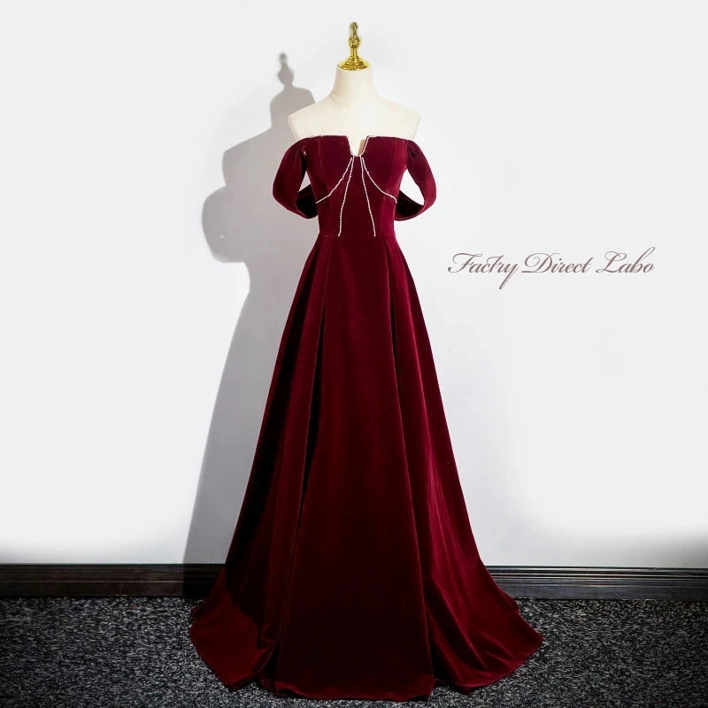 カラードレス ロングドレス パーティードレス ワインレッド オフショルダー ベロア ベルベット ウェディングドレス ウエディングドレス 結婚式 二次会 花嫁 前撮り 演奏会 発表会 カクテルドレス ブ