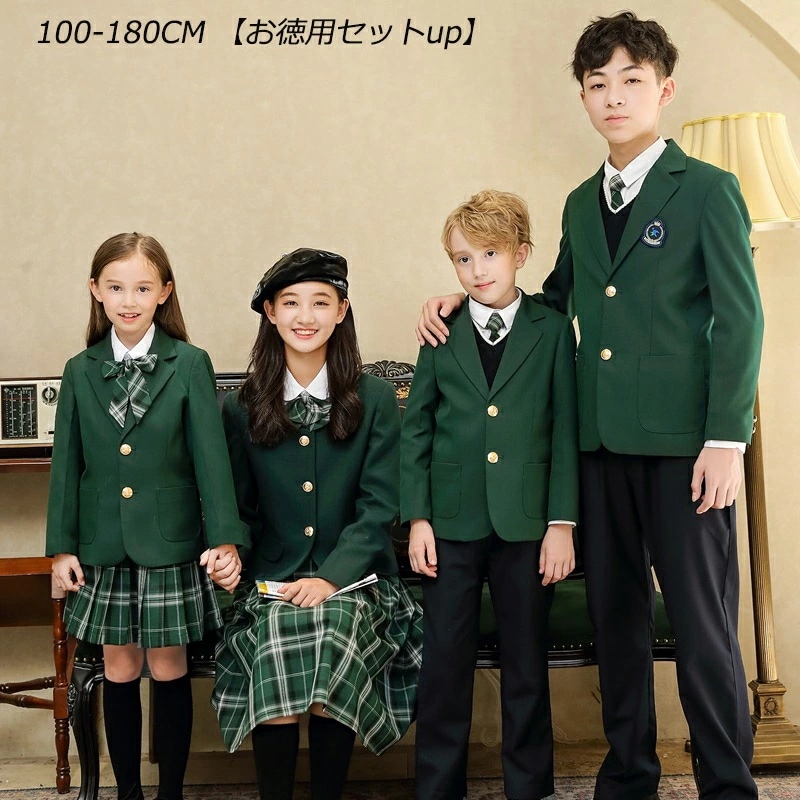 即納可能卒業式スーツ 制服 男の子 女の子 緑 チェック柄 グリーン 子供服 スーツ 4点＆5点セット選択可 フォーマル 入学式 ジュニア キッズ 男児 卒園式 入園式 結婚式 発表会 100 -18