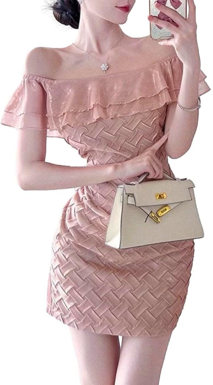キャバドレス ミニドレス ラッフル ワンピース フリル オフショルダー タイト クラブ ノースリーブ ハイウエスト レディース E39( ペールピンク, L)