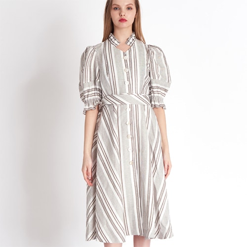 Romantic Frill Neckline & Bell-Shape Sleeve Linen Shirt-Dress_BEIGE MULTI-STRIPE