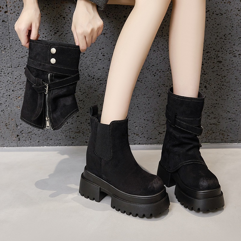 厚底マーチンブーツ 女 2025秋冬新作 小柄 インソールブーツ中筒 煙突ブーツ プリーツ パンツブーツ 5,236円