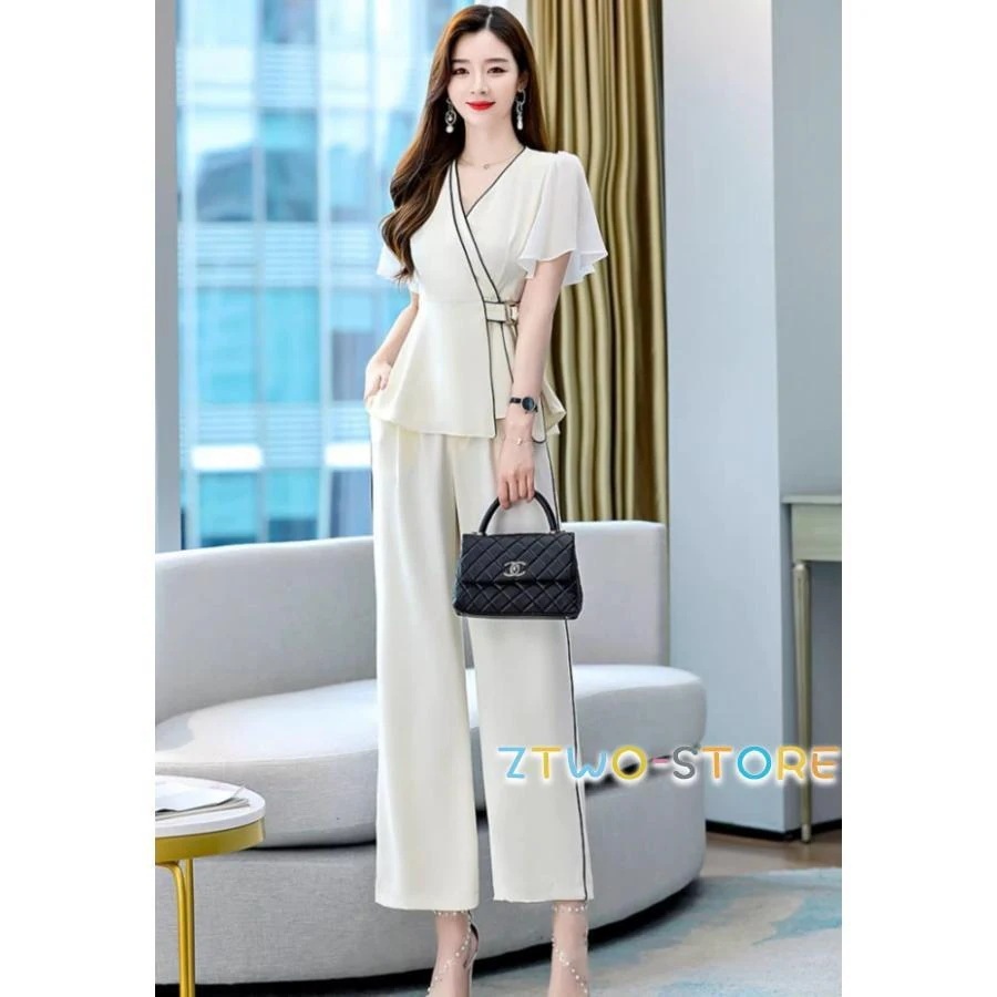 パンツドレス かっこいい セットアップ レディース カシュクール パーティードレス 結婚式 お呼ばれドレス 袖あり 大きいサイズ 3L 白 黒 フレア袖 韓国 ドレス