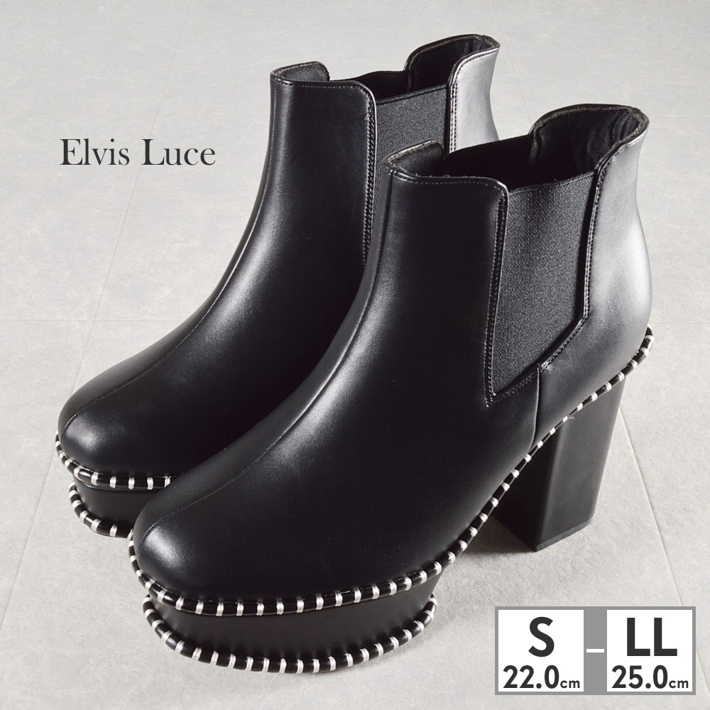 Elvis Luce ブーツ レディース コバステッチサイドゴア厚底ショートブーツ 6899 エルビスルーチェ ミドル カジュアル 太ヒール ふわらくインソール 美脚効果 ヒール高さ10cm