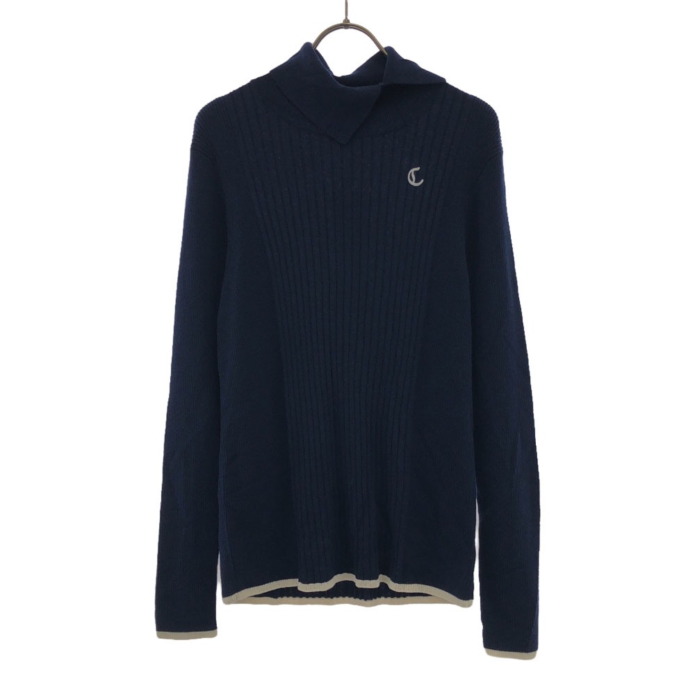 未使用 ウールブレンド ロゴ刺繍 ゴルフ 長袖 切り込みタートルネック セーター L ネイビー ニット タグ付き レディース