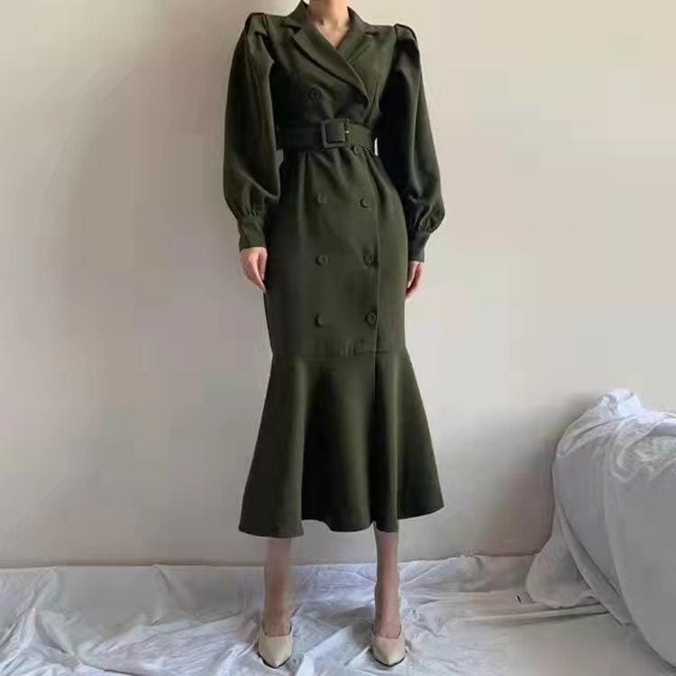 フィッシュテールワンピース ワンピース マキシ丈 袖あり 長袖 ボリューム袖 Vネック スリム タイト マーメイド 切り替えデザイン ベルト ウエストマーク ハイウエスト 薄手 大人 上品 おしゃれ