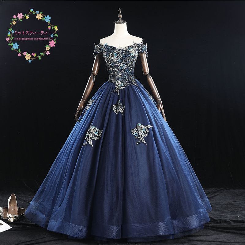 カラードレス 演奏会 オフショルダー ネイビー 豪華 コンサート 発表会 ロングドレス ステージ 舞