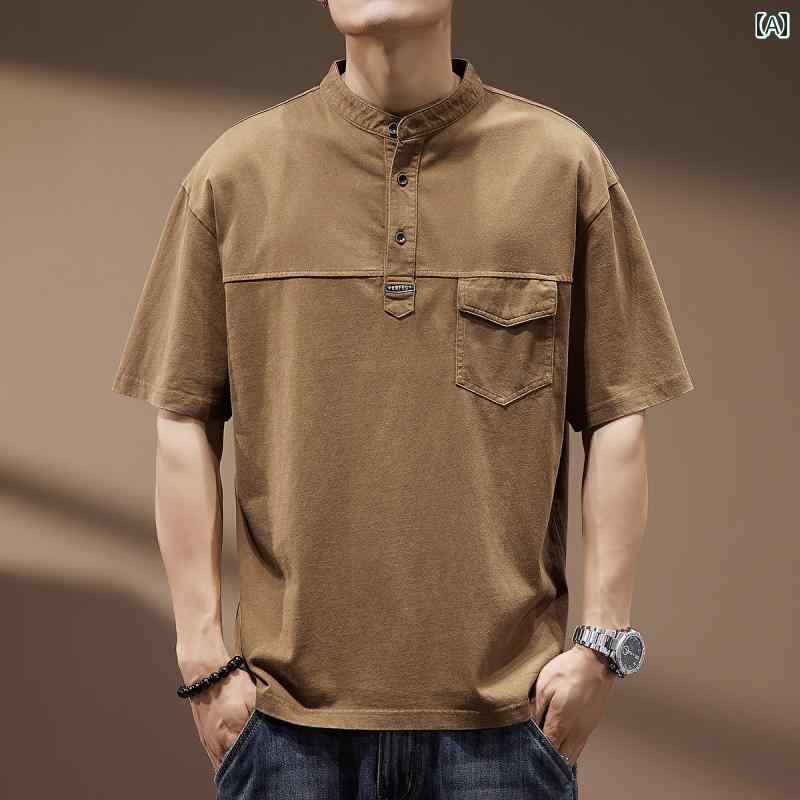 ポロシャツ 高級感 英国 レトロ ヘンリーカラー 半袖 男性用 夏 ストリート 大きいサイズ 綿 トップス Tシャツ メンズ ポケット 都会的 レジャー コットン
