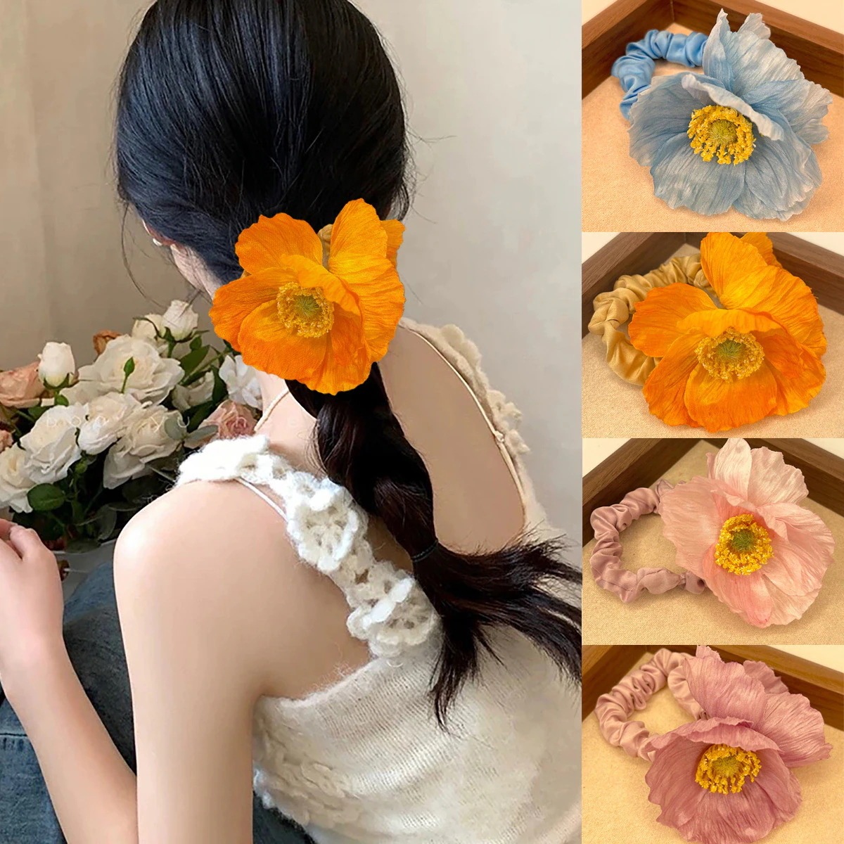 【1点ご購入 で10点プレゼントいたします】コクリコの花のシュシュは布のような感じで団子の髪を結って卵の花のひもの女を飾ります