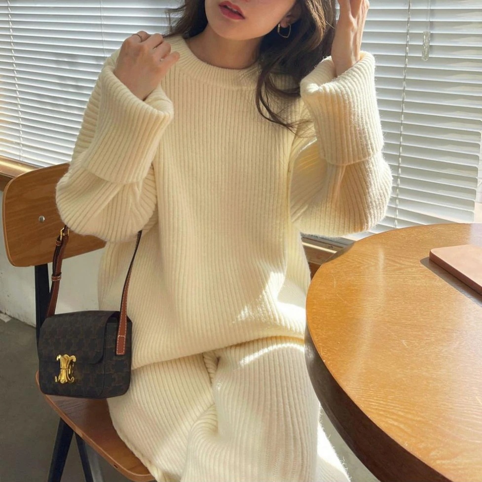 リブニットパンツセットアップ セットアップ ツーピース 2セット 上下セット リブニット トップス パンツ サイドスリット プルオーバー ワイドストレートパンツ レディース かわいい 大人可愛い