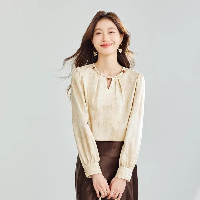 レディース トップス ブラウス 春秋 女性 プリント シフォン シャツ 長袖 ラウンドネック プルオーバー 通勤 オフィス 薄手 軽量 柔らかい お腹 カバー スリム フィット