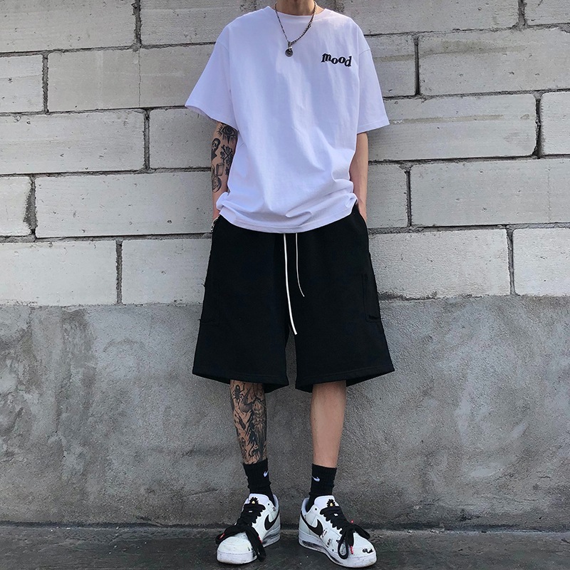 ハーフパンツ メンズ ボトムス ショートパンツ 膝丈 ひざ丈 ストレート ワイド シンプル カジュアル かっこいい カジュアル スポーティー ダメージデザイン ブラック 大きいサイズ 2XL