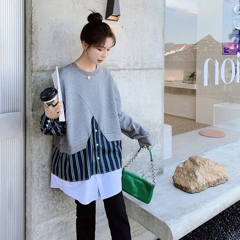 丸ネックスウェット韓国レディーストップスセミロング丈 カジュアルファッション長袖Tシャツ福袋