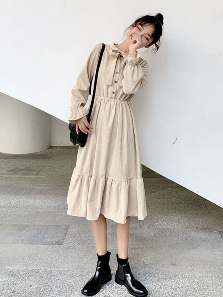 ワンピース レディース キャンディー スリーブ ミドル丈 膝下 ボリューム袖 襟付き Aライン リボン 綿 かわいい 大人 きれいめ シンプル 上品 ガーリー おしゃれ レトロ ラブリー キュート