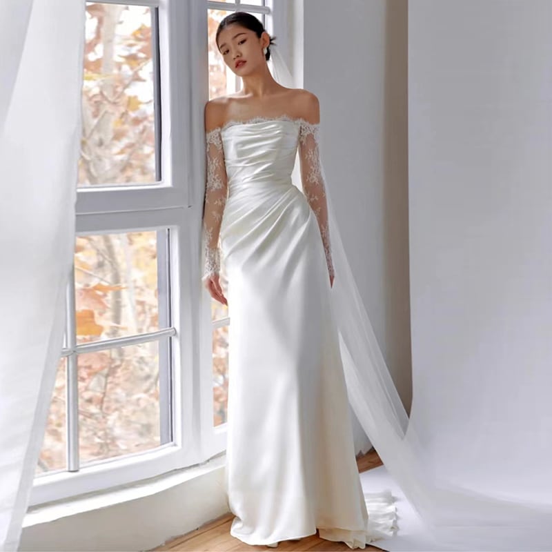 ドレス 衣装 ウエディングドレス イブニングドレス ロングドレス 長袖 オフショルダー オフショル 刺繡 シースルー セミフレア ステージドレス 発表会 かわいい 大人可愛い きれいめ シンプル 上品