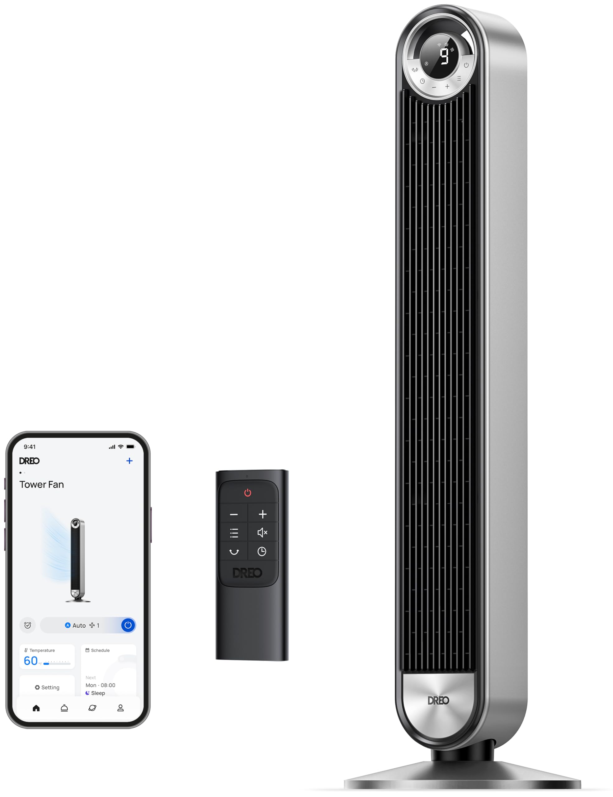 Dreo 扇風機 DCモーター タワーファン 羽なし 静音 送風機 左右90自動首振り 温度センサー付き 自動風量調節 4 モード 9 スピード 12時間タイマー リモコン付き 7.9m/s 冷風