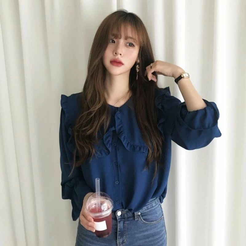 ダークブルー 大人フェミニンブラウス 華奢見え ドット 無地 シンプルシャツ インナーシャツ 秋服 長袖 秋色 長袖 Tシャツ 大人 インポート 韓国ファッション 秋服 秋物 冬物 冬服 レディースフ