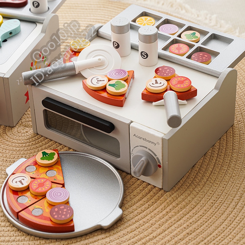 木製模擬ピザオーブンカットアンドスライスバーベキュービーズ子供用ままごとロールプレイング教育玩具