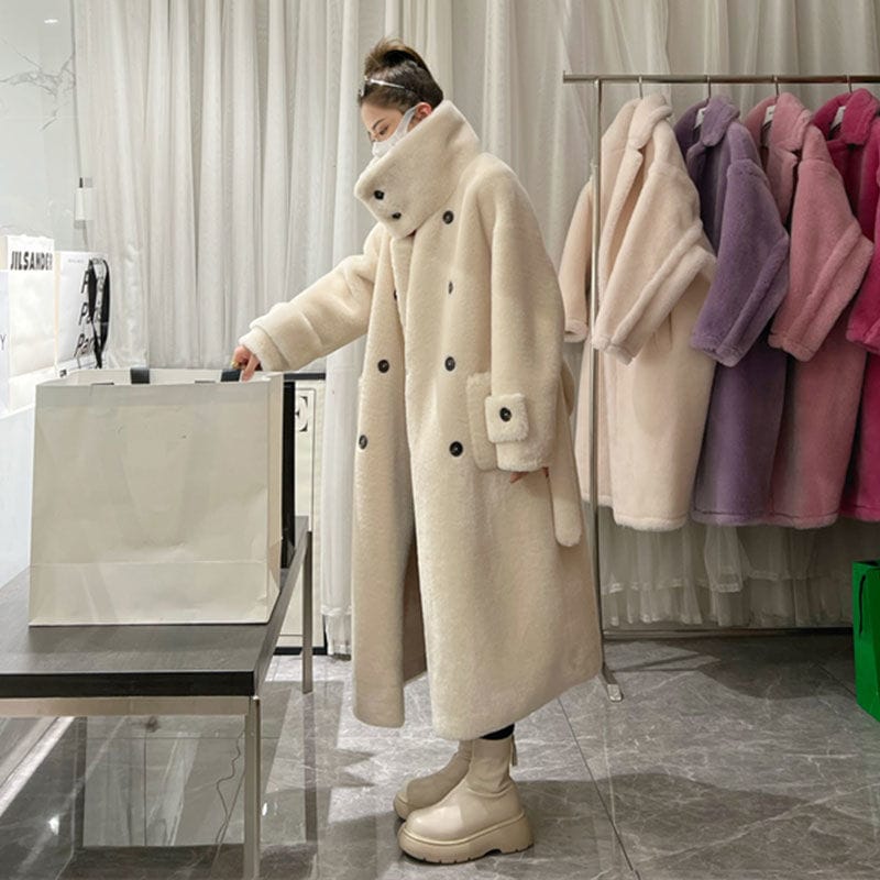 ムートンファッション冬 厚手 ロング 韓国 百掛け ふわふわ ウォーム おしゃれ 立ち襟 フェイクラムズウール 皮毛一体 アウター 9,423円